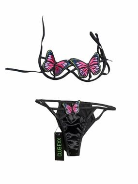 Dolls Kill Black Bra Set with Pink Butterfly Appliqués